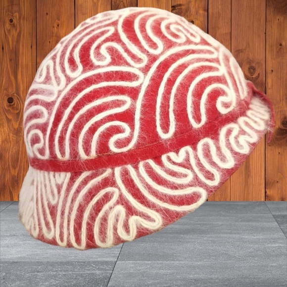 VINTAGE Wool Angora Bucket Hat Gatsby Flapper Costume Grandma Core Red Embroider - Picture 5 of 16